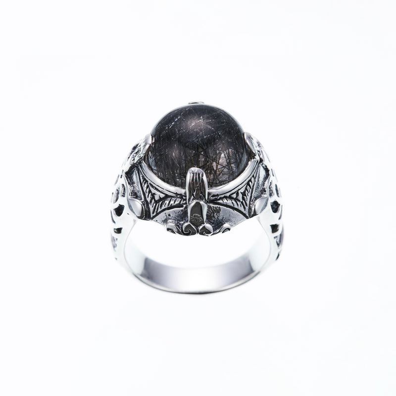 Islamic Round Ring : Black Rutilated Quartz-ZOCALO.JAPAN