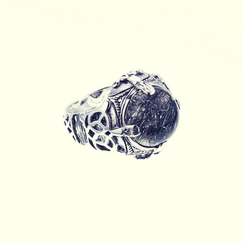 Islamic Round Ring : Black Rutilated Quartz-ZOCALO.JAPAN