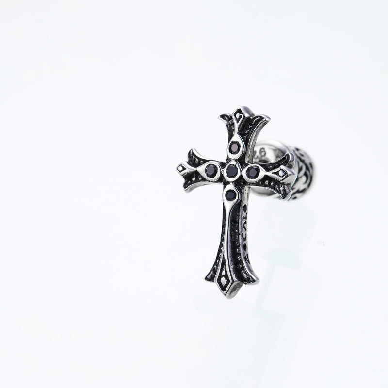 Cross On Cross Ear Stud : (Black CZ)-ZOCALO.JAPAN